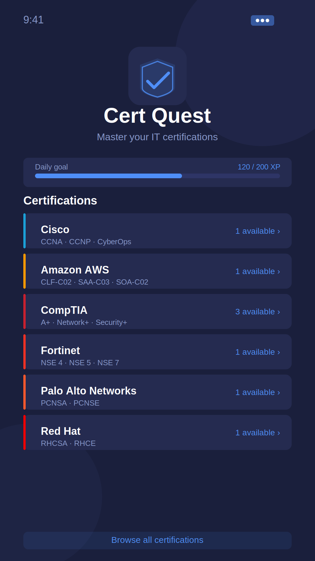Cert Quest — certifications list